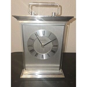 Bulova Newport Carriage Metal Silver Tone Roman Numerals Clock B7472 Battery